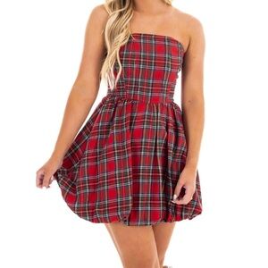Red Plaid Strapless Dress